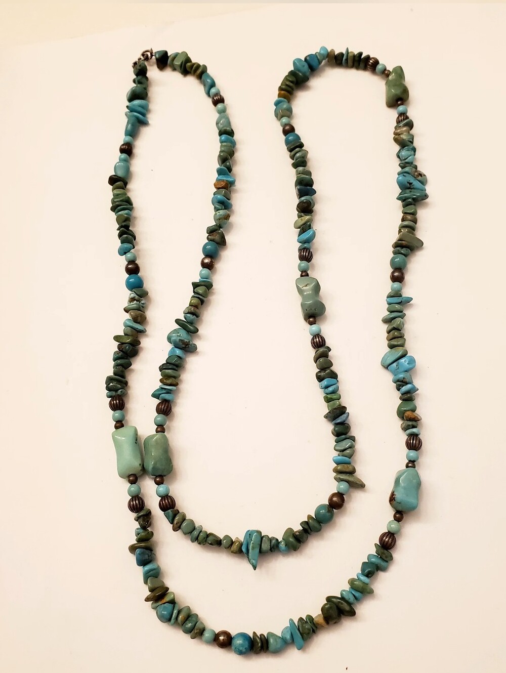 Turquoise Chip Bead Long Necklace - Green Blue Boho Style, 35 Inches, Artisan